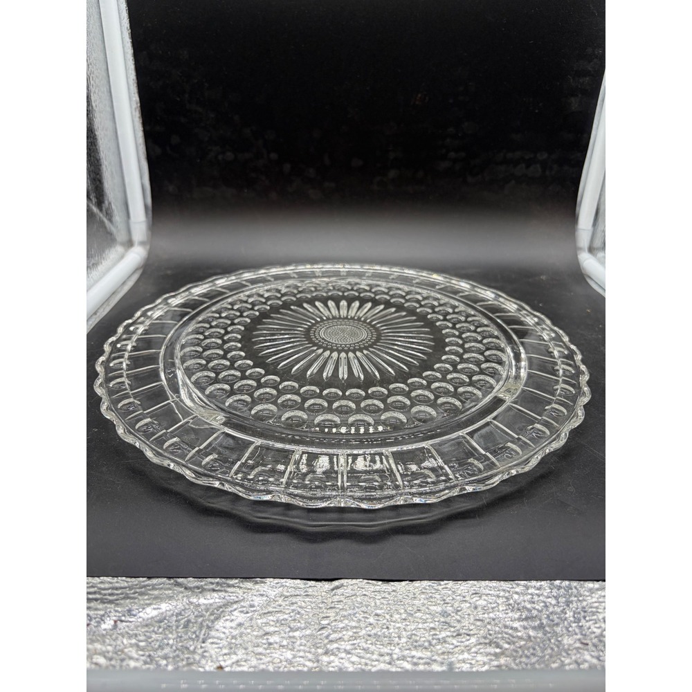 Vntg Thousand Eye Clear Pressed Glass Cake Plate Scalloped Serving Platter 10"